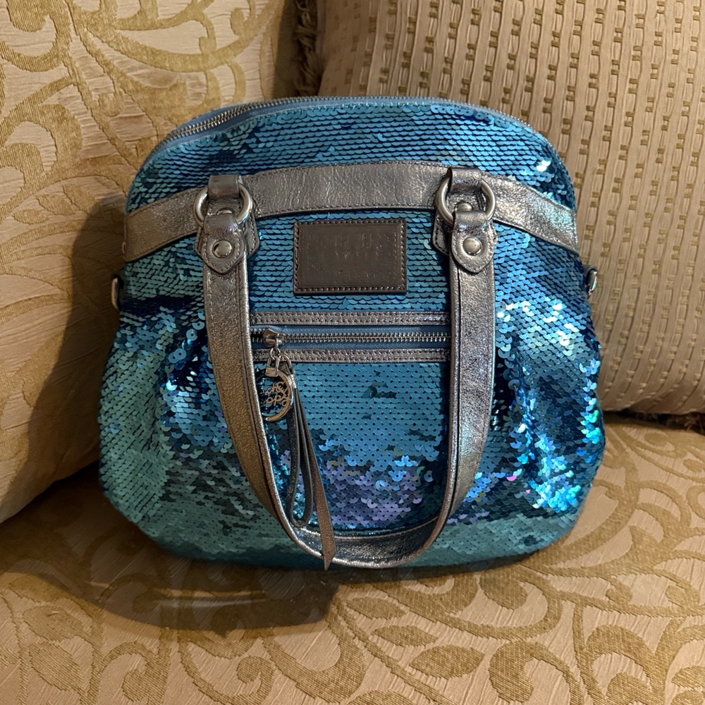 Limited Edition Coach Poppy Sequin Bag Turquoise Silver no Strap preowned - Picture 2 of 16